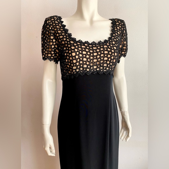 OLEG CASSINI DRESS Black Tie Long Evening Gown Side Slit Crepe Beaded Empire S/M - Picture 10 of 10